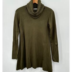 Whisper Knit Olive Green Loose Turtleneck Tunic Sweater Shark Bite Hem XXS 2XS